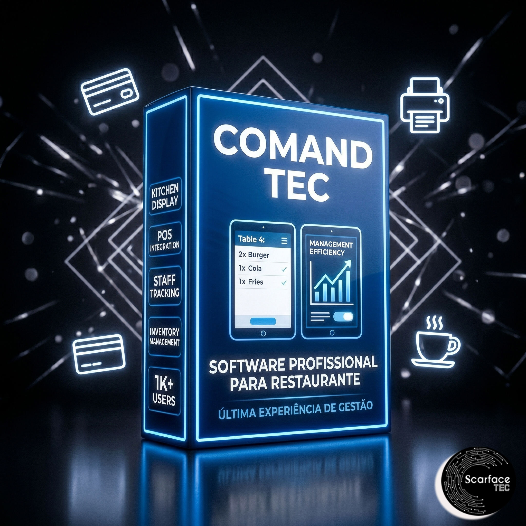 Caixa do Software Comand Tec para Restaurantes em neon azul