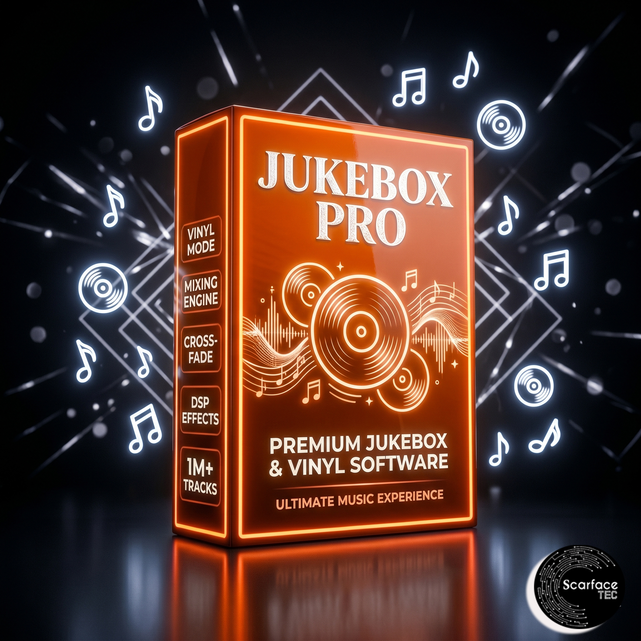 Caixa do Software Jukebox Pro em neon laranja