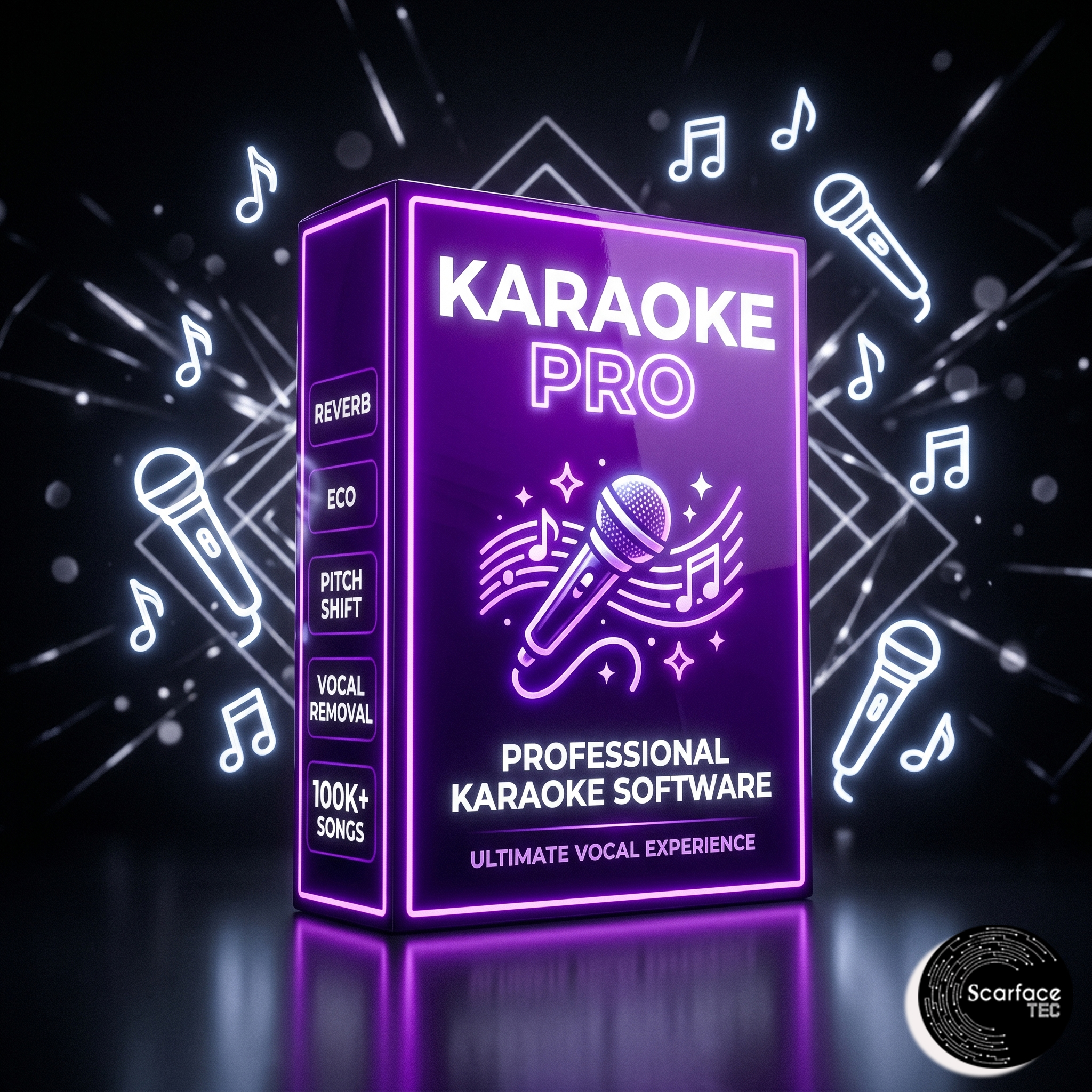 Caixa do Software Karaoke Pro em neon roxo
