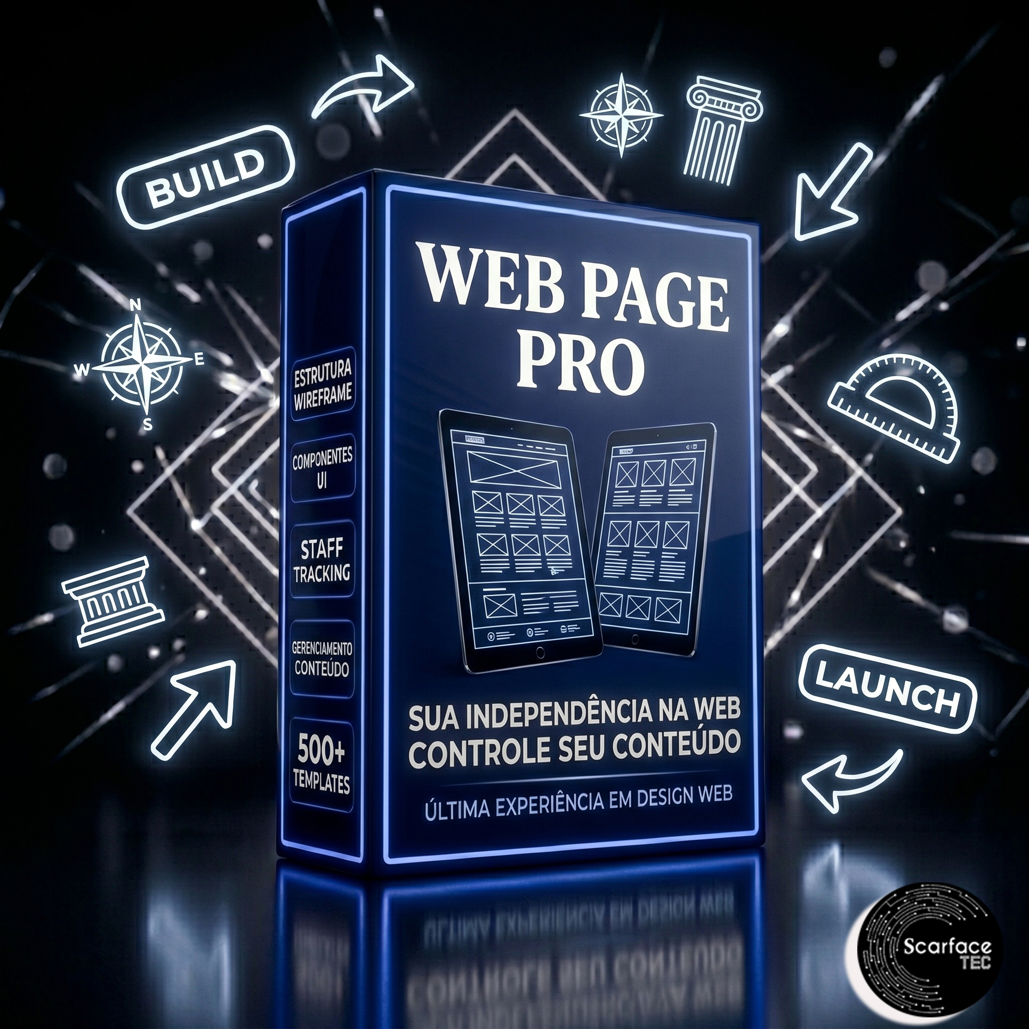 Caixa do Software Web Page Pro da Scarface Tec com iluminação neon azul